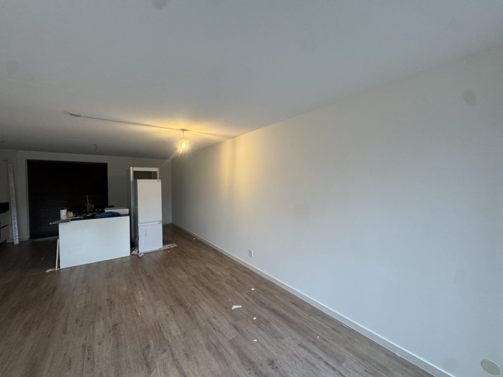 Woonkamer van een appartement met laminaat, een lange gladde witte wand en een keukenblok